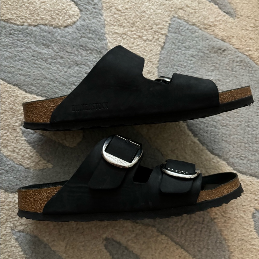 Birkenstock Black Arizona Sandals Big Buckle Silver